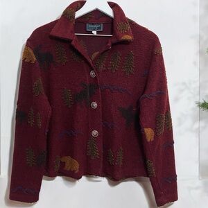 Lonergan Mountain Cabin Vibes Burgundy‎ Sherpa Button Down Sweater Jacket Medium